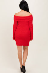 Red Off The Shoulder Knit Sweater Mini Dress