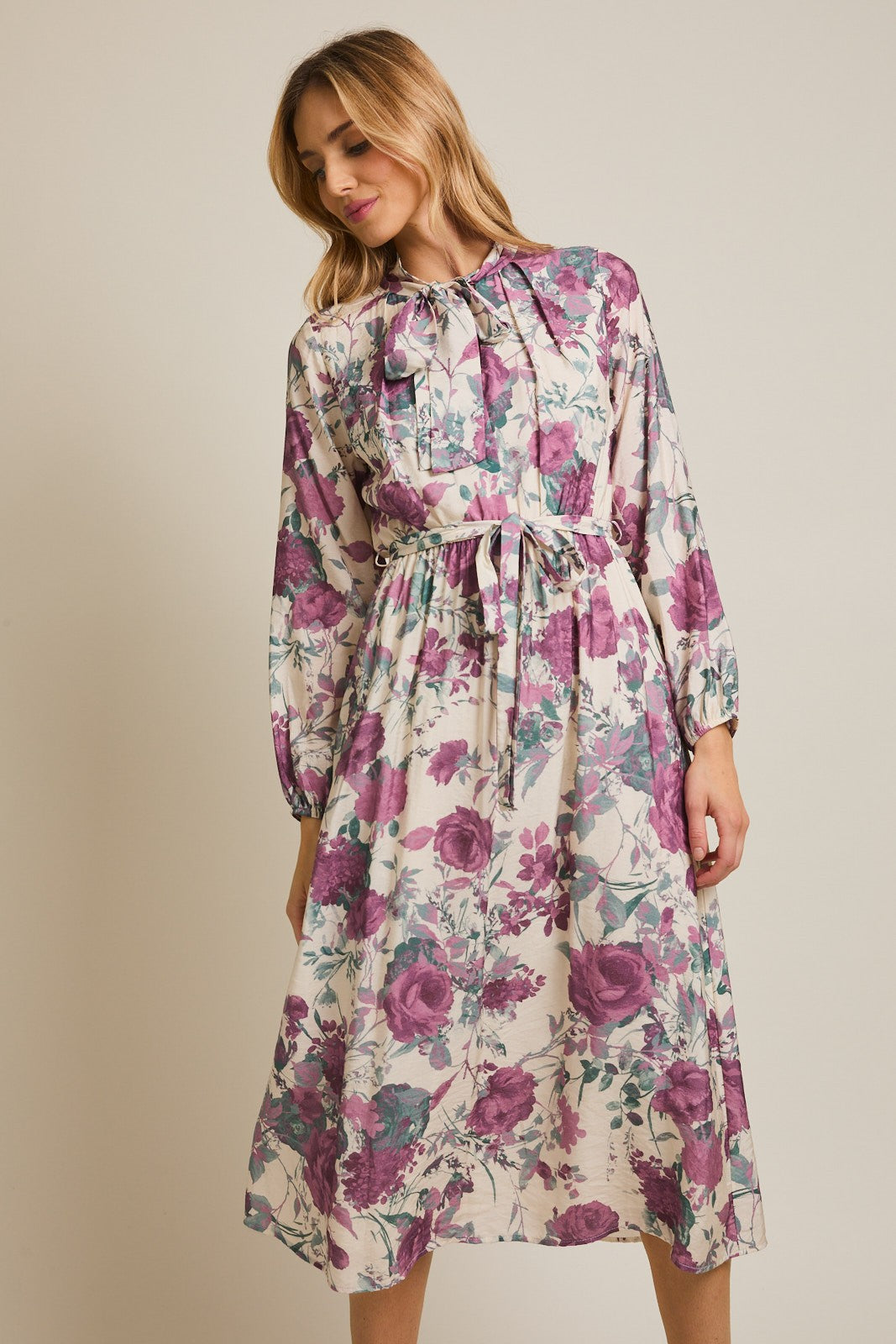 Cream Floral Neck Tie Long Sleeve Midi Dress