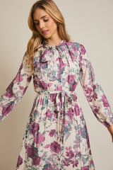 Cream Floral Neck Tie Long Sleeve Midi Dress
