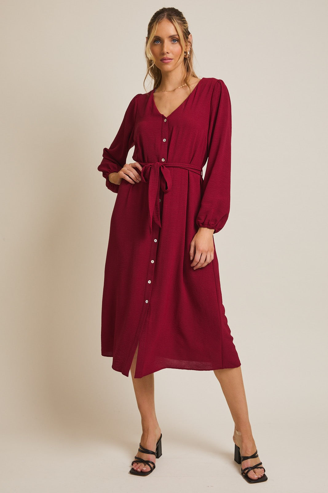 Burgundy V Neck Long Sleeve Button Down Maternity Midi Dress PinkBlush Burgundy V Neck Long Sleeve Button Down Maternity Midi Dress PinkBlush