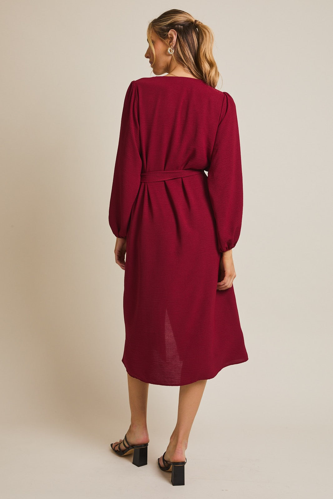 Burgundy V Neck Long Sleeve Button Down Midi Dress