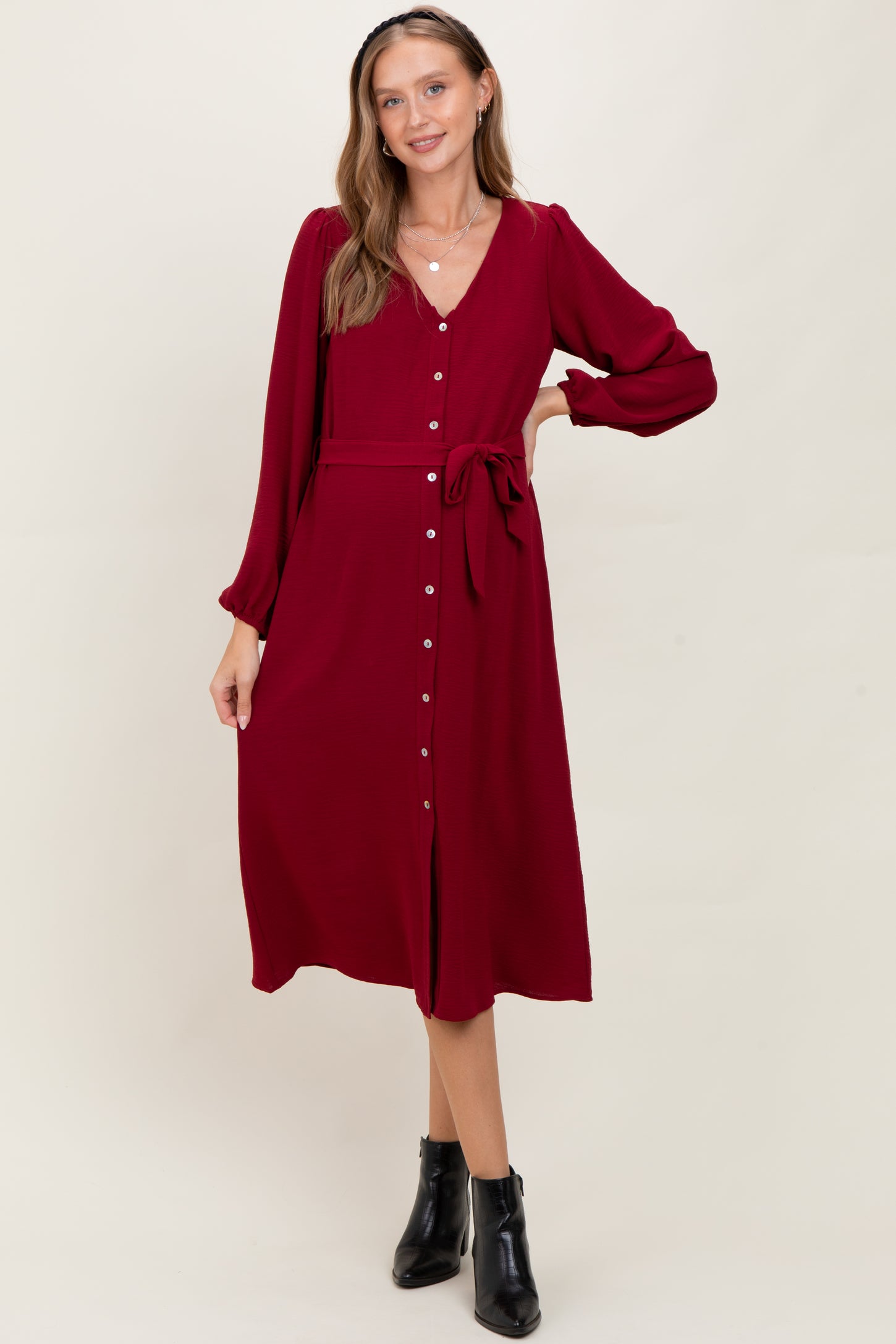 Burgundy V Neck Long Sleeve Button Down Maternity Midi Dress