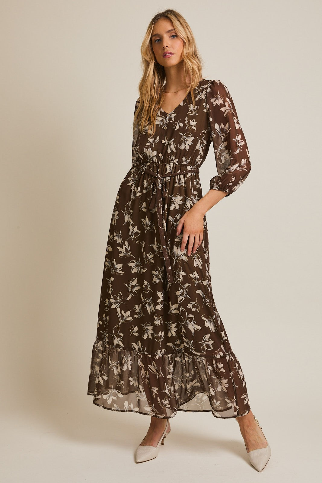 Olive Floral V-Neck Button Up Long Sleeve Maxi Dress