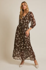 Olive Floral V-Neck Button Up Long Sleeve Maxi Dress