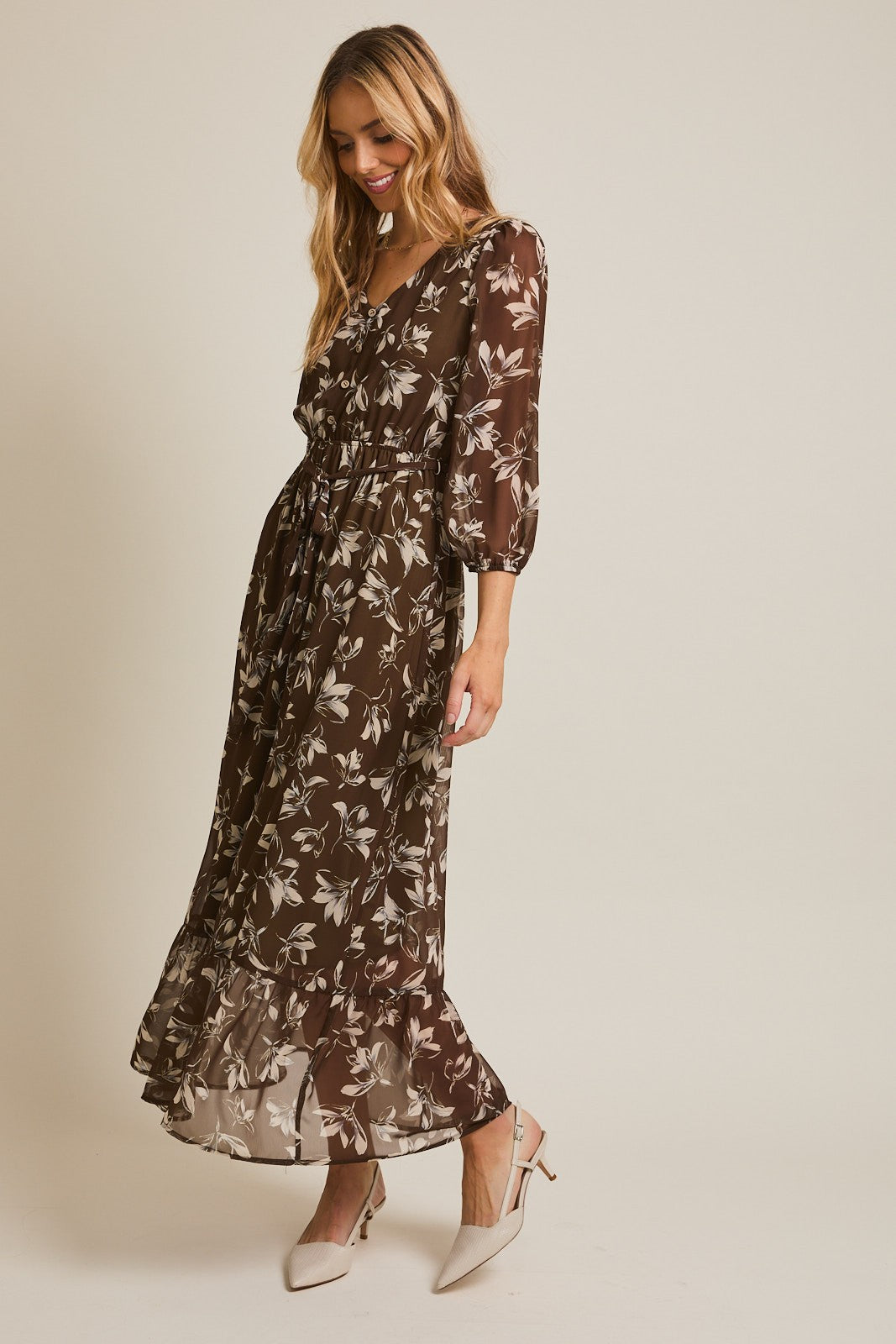Olive Floral V-Neck Button Up Long Sleeve Maxi Dress