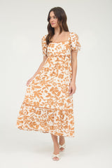 Orange Floral Scallop Trim Puff Sleeve Maternity Midi Dress