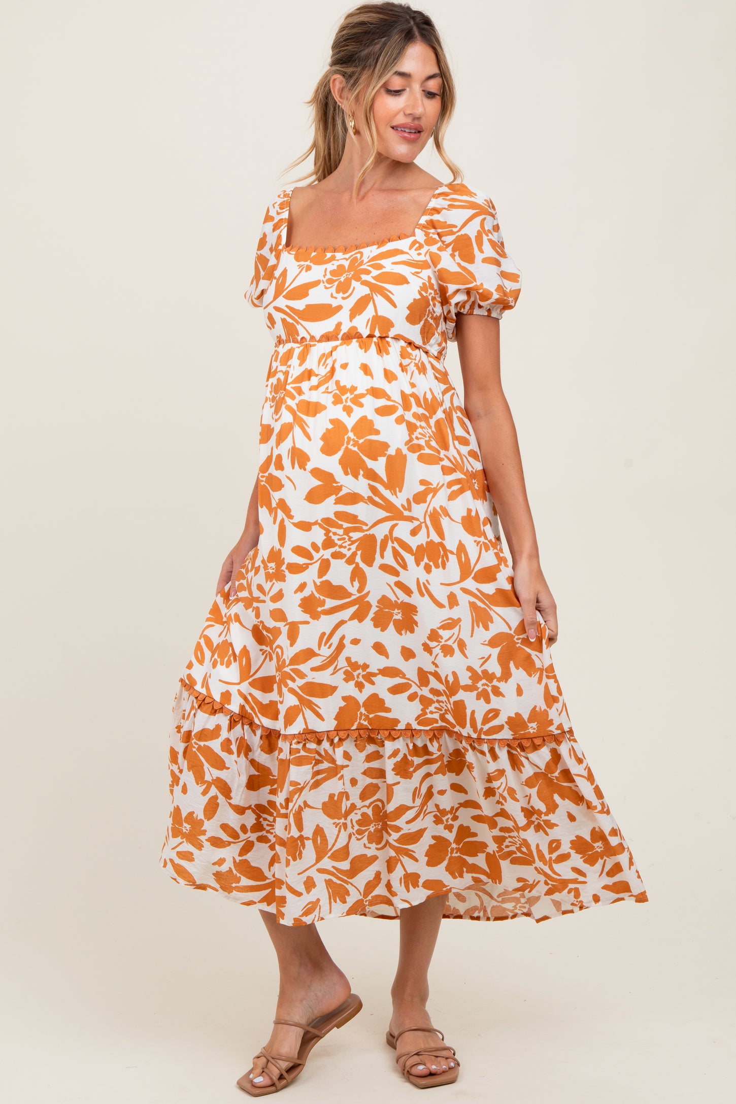 Orange Floral Scallop Trim Puff Sleeve Maternity Midi Dress