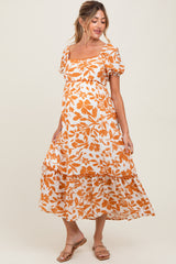 Orange Floral Scallop Trim Puff Sleeve Maternity Midi Dress