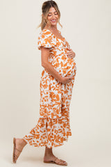Orange Floral Scallop Trim Puff Sleeve Maternity Midi Dress