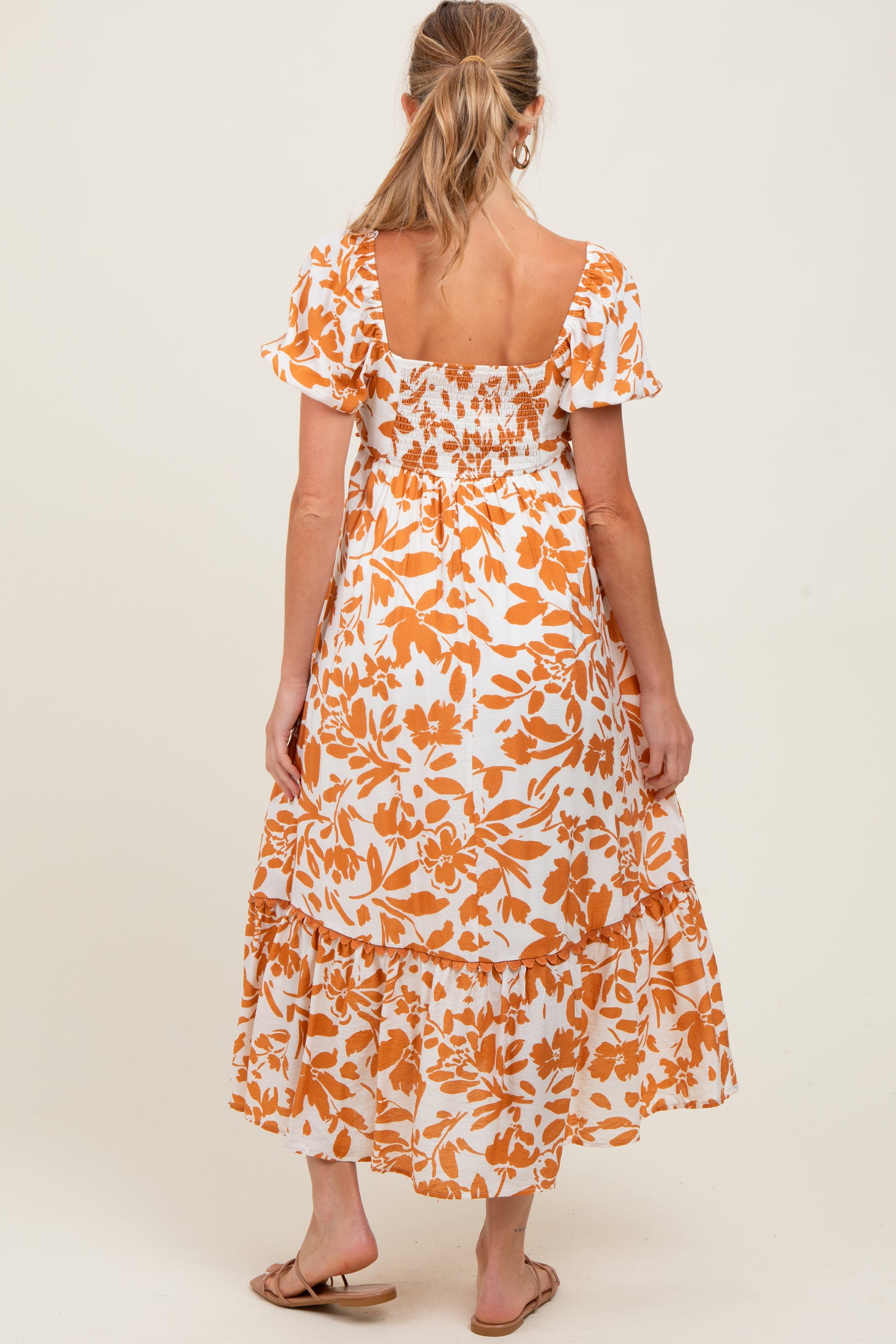 Orange Floral Scallop Trim Puff Sleeve Maternity Midi Dress