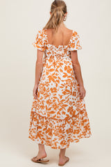 Orange Floral Scallop Trim Puff Sleeve Maternity Midi Dress