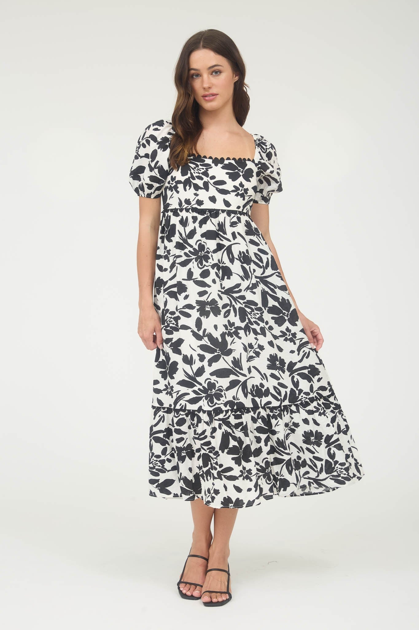 Black Floral Scallop Trim Puff Sleeve Maternity Midi Dress
