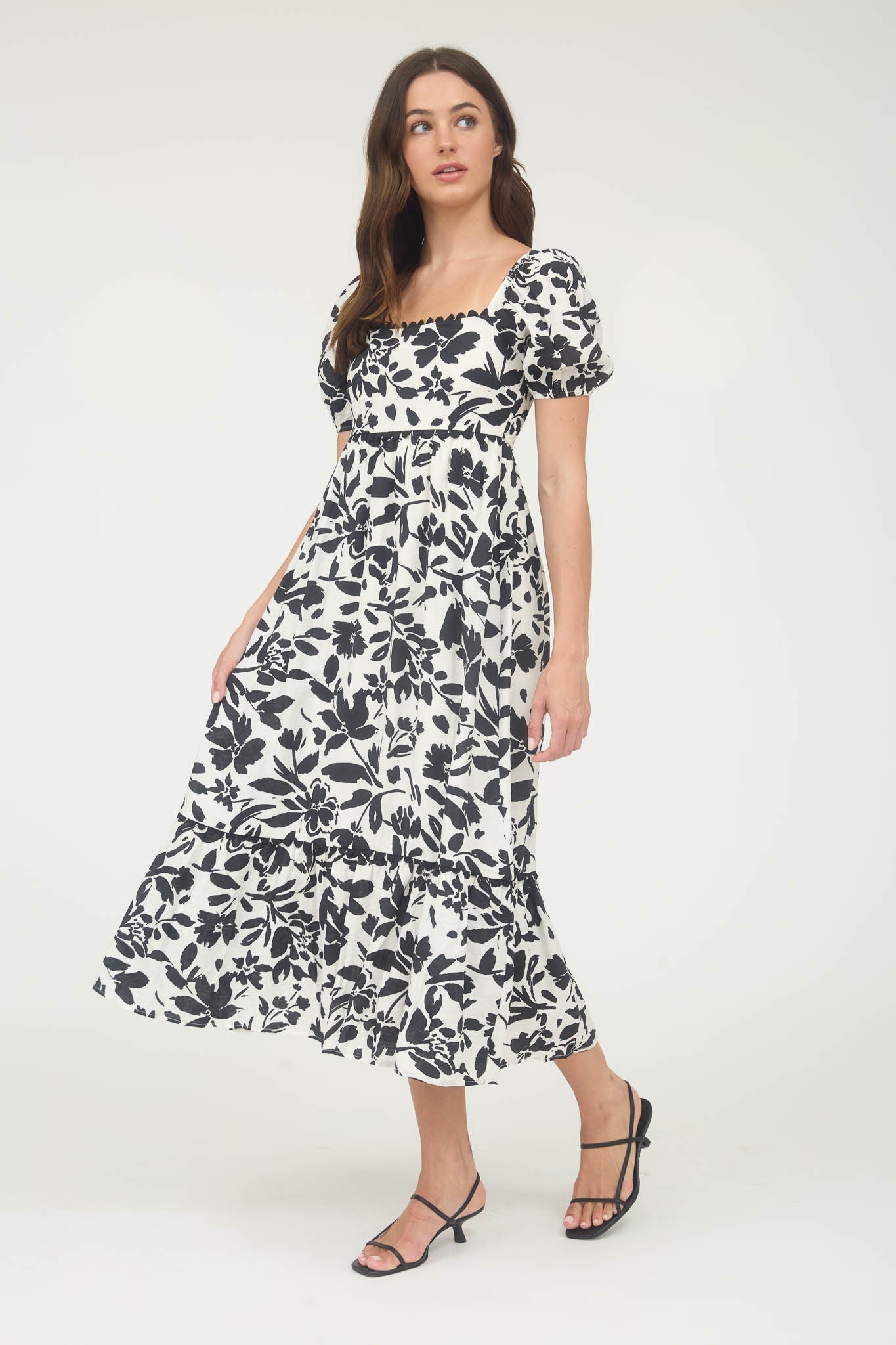 Black Floral Scallop Trim Puff Sleeve Midi Dress