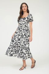 Black Floral Scallop Trim Puff Sleeve Midi Dress
