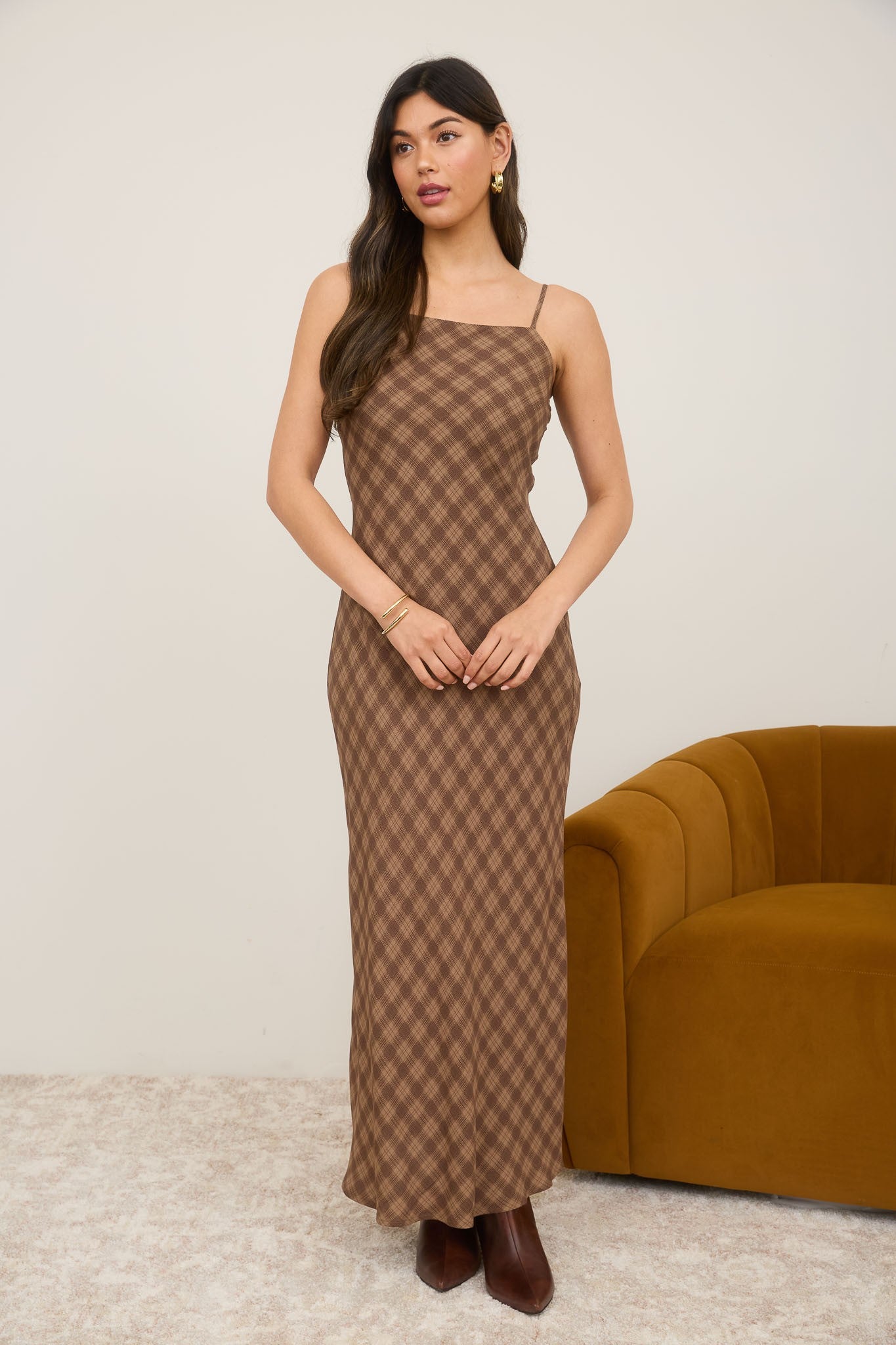 brown plaid maxi dress Brown Plaid Sleeveless Maxi Dress – PinkBlush