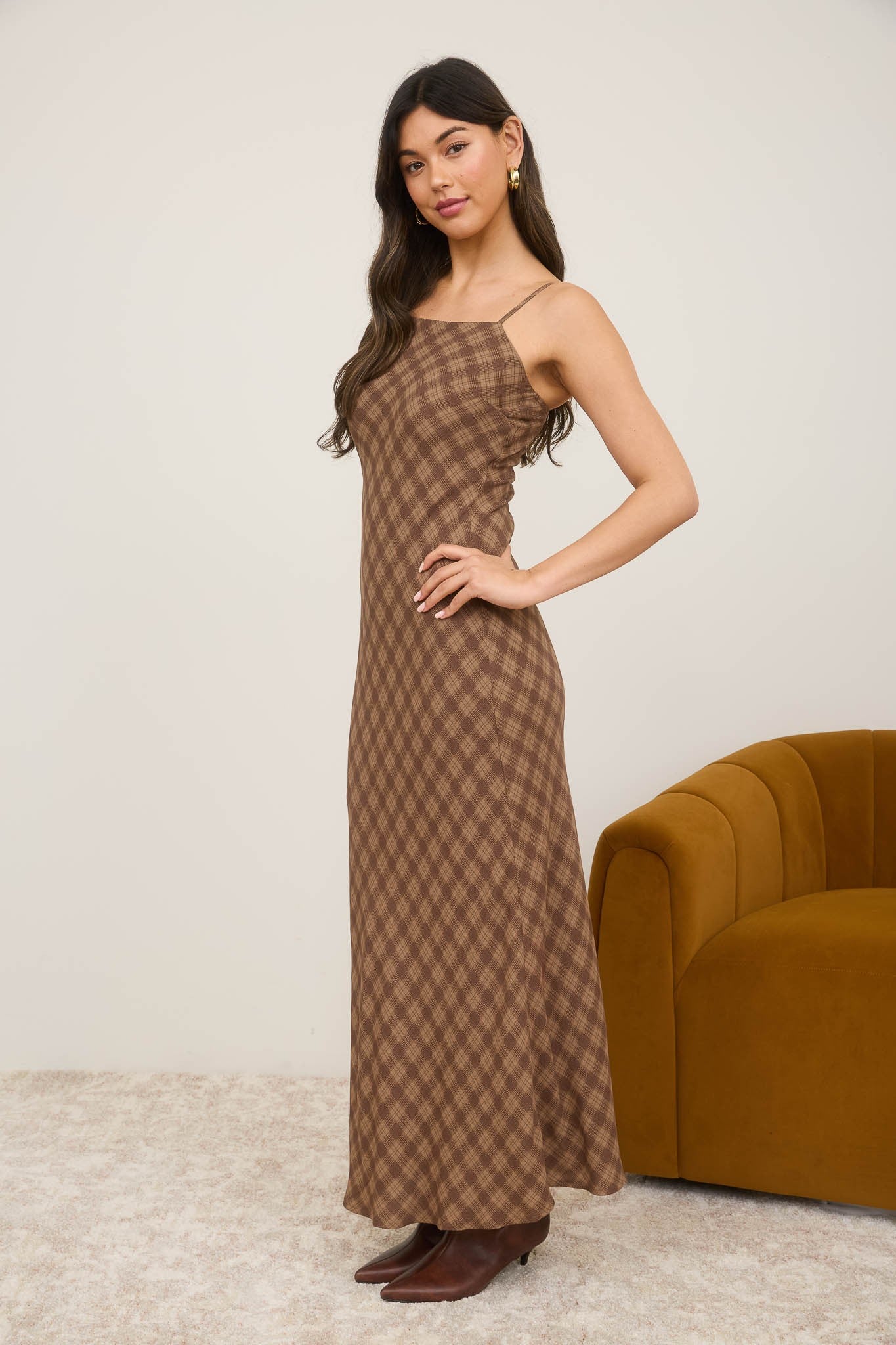 Brown Plaid Sleeveless Maxi Dress Brown Plaid Sleeveless Maxi Dress