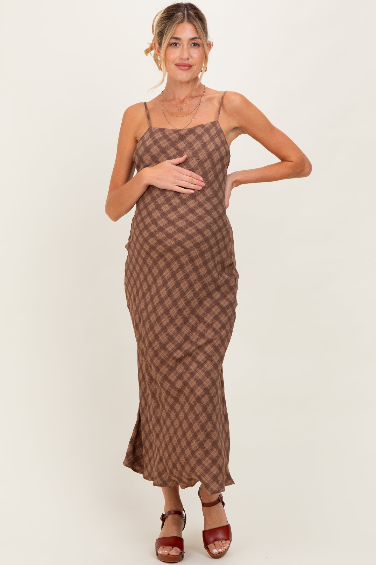 Brown Plaid Sleeveless Maternity Maxi Dress