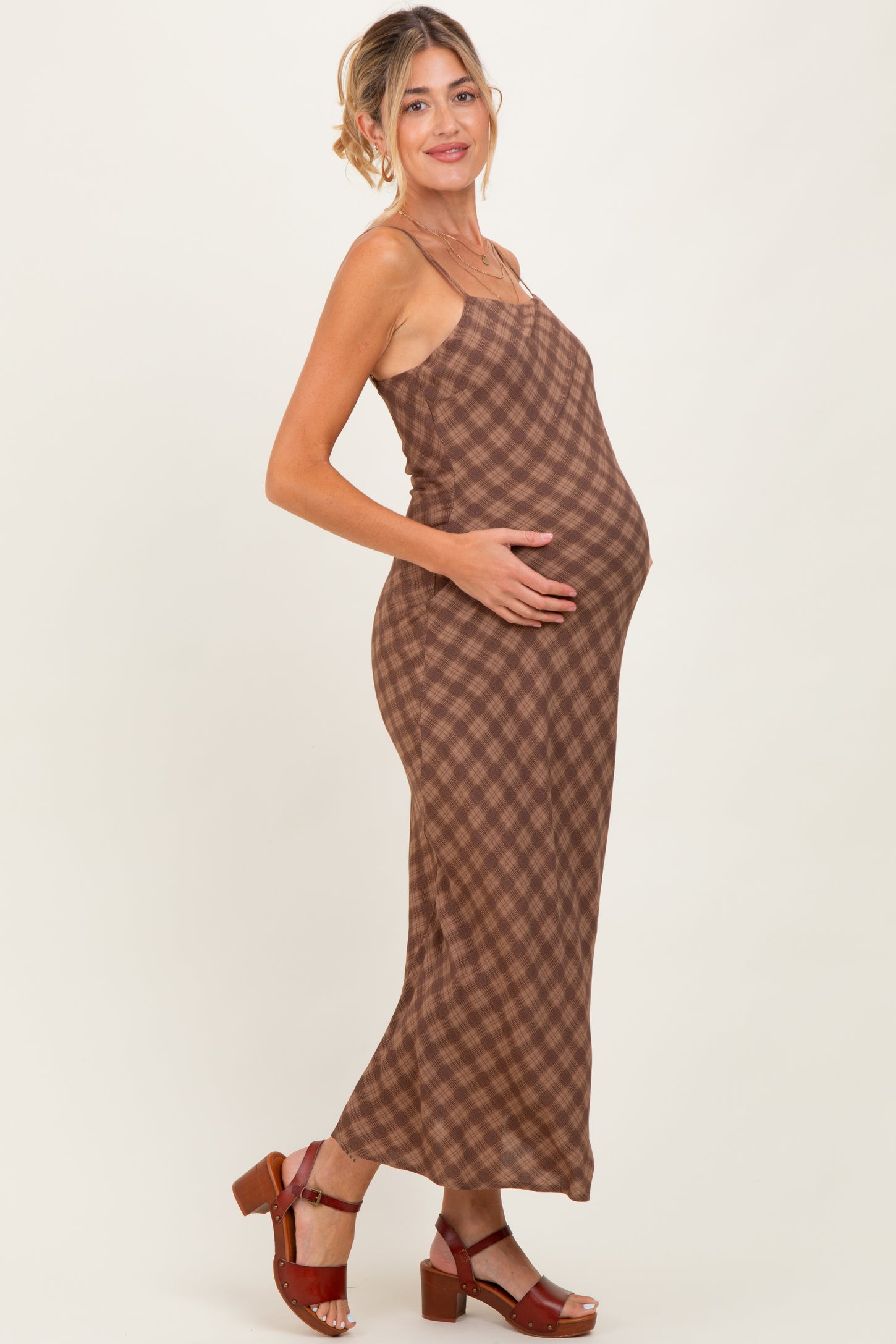 Brown Plaid Sleeveless Maternity Maxi Dress PinkBlush Brown Plaid Sleeveless Maternity Maxi Dress PinkBlush