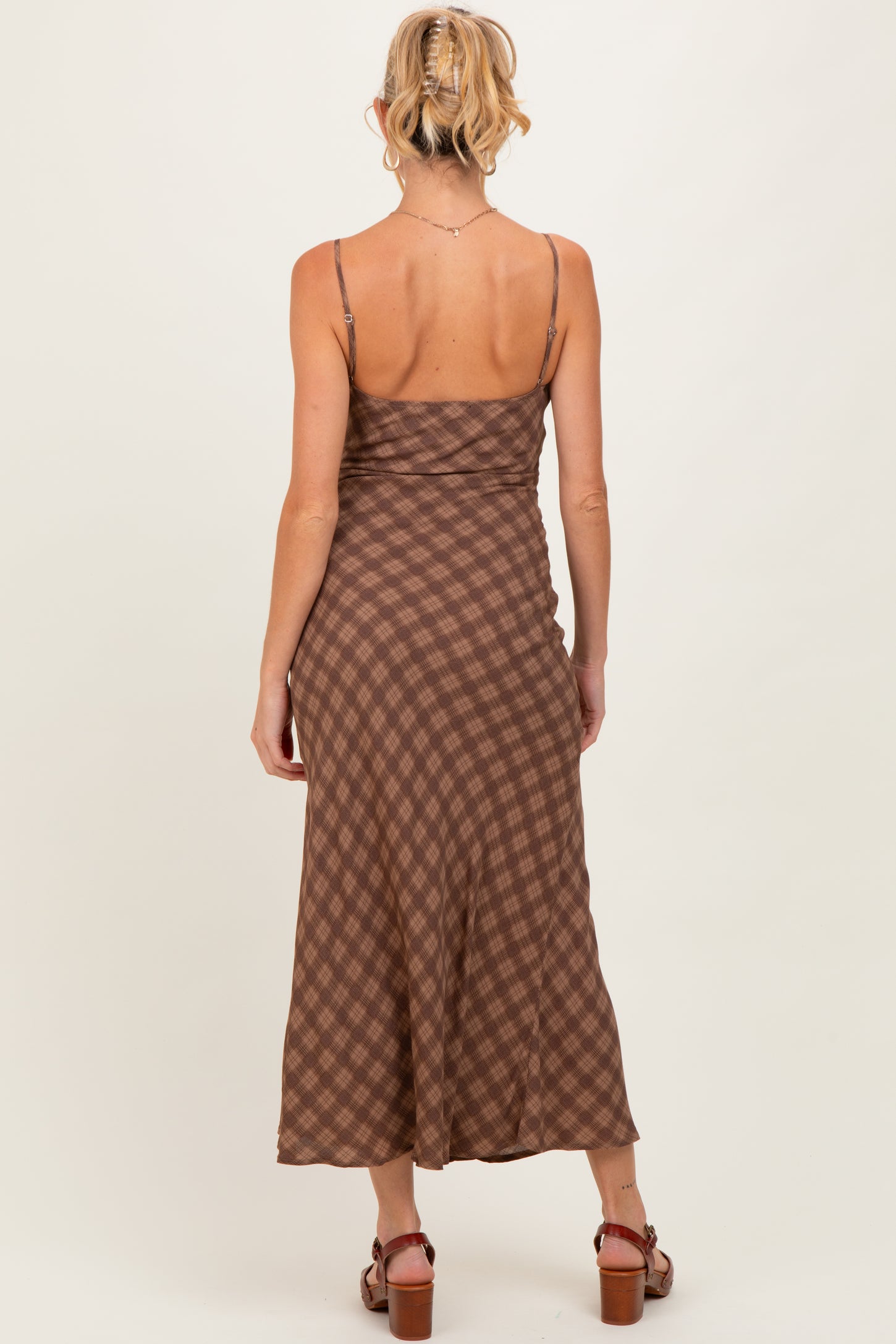 Brown Plaid Sleeveless Maternity Maxi Dress