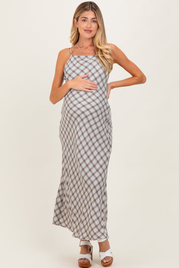 Ivory Plaid Sleeveless Maternity Maxi Dress