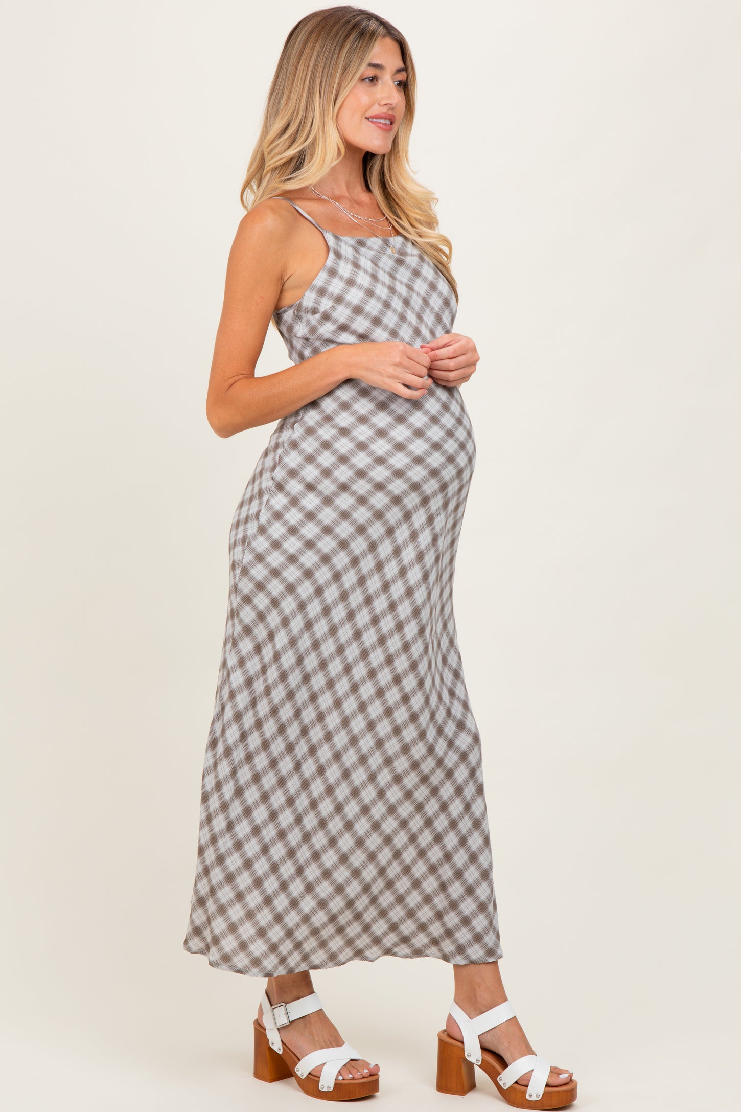 Ivory Plaid Sleeveless Maternity Maxi Dress Ivory Plaid Sleeveless Maternity Maxi Dress