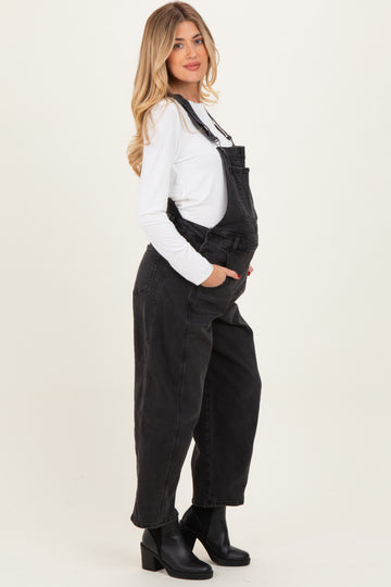 Black Barrel Leg Maternity Denim Overalls