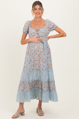 Light Blue Floral Lace Inset Puff Sleeve Maternity Maxi Dress