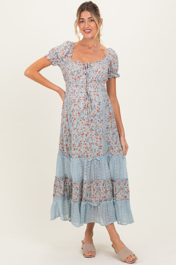 Light Blue Floral Lace Inset Puff Sleeve Maternity Maxi Dress
