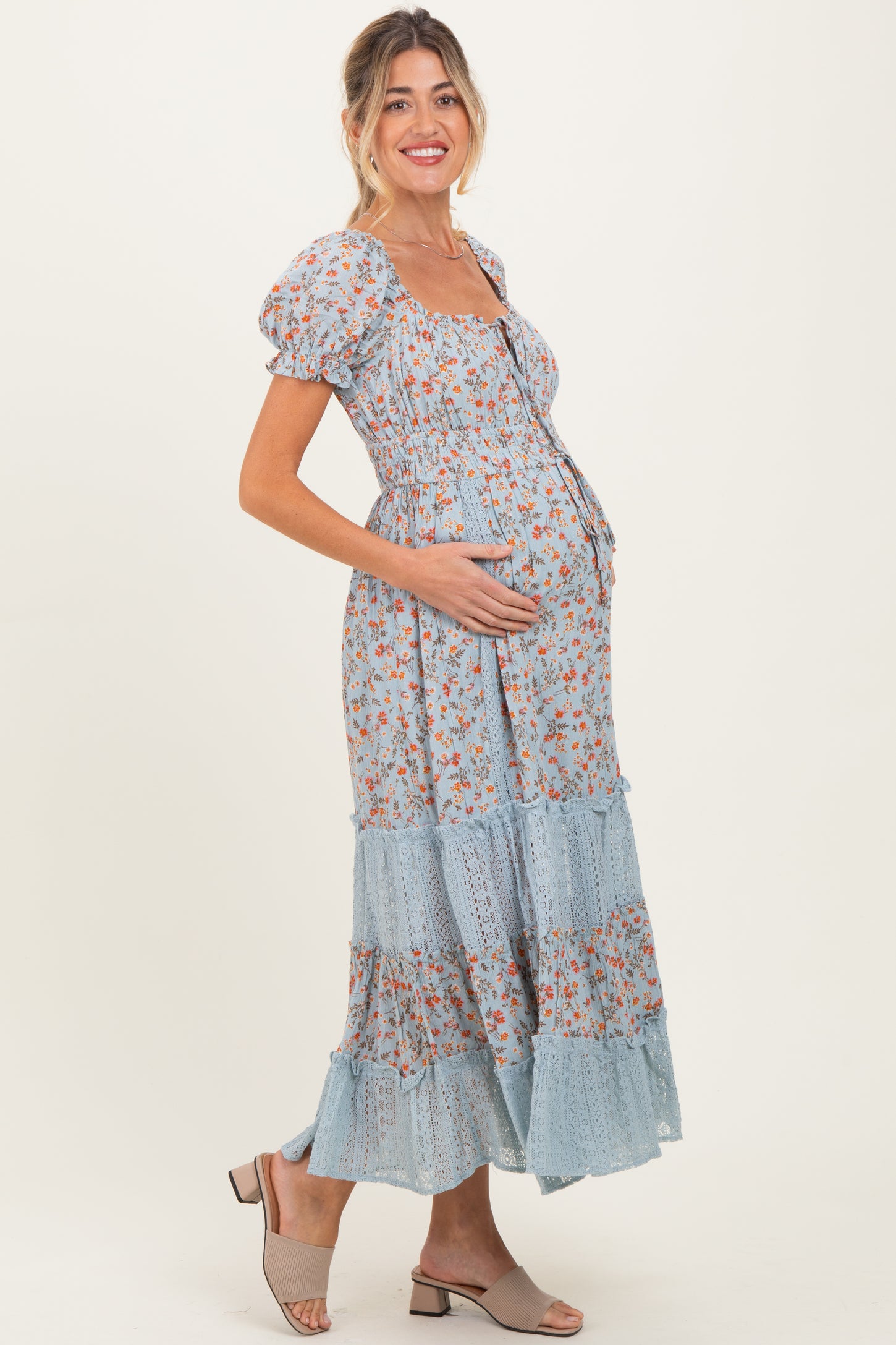 Light Blue Floral Lace Inset Puff Sleeve Maternity Maxi Dress