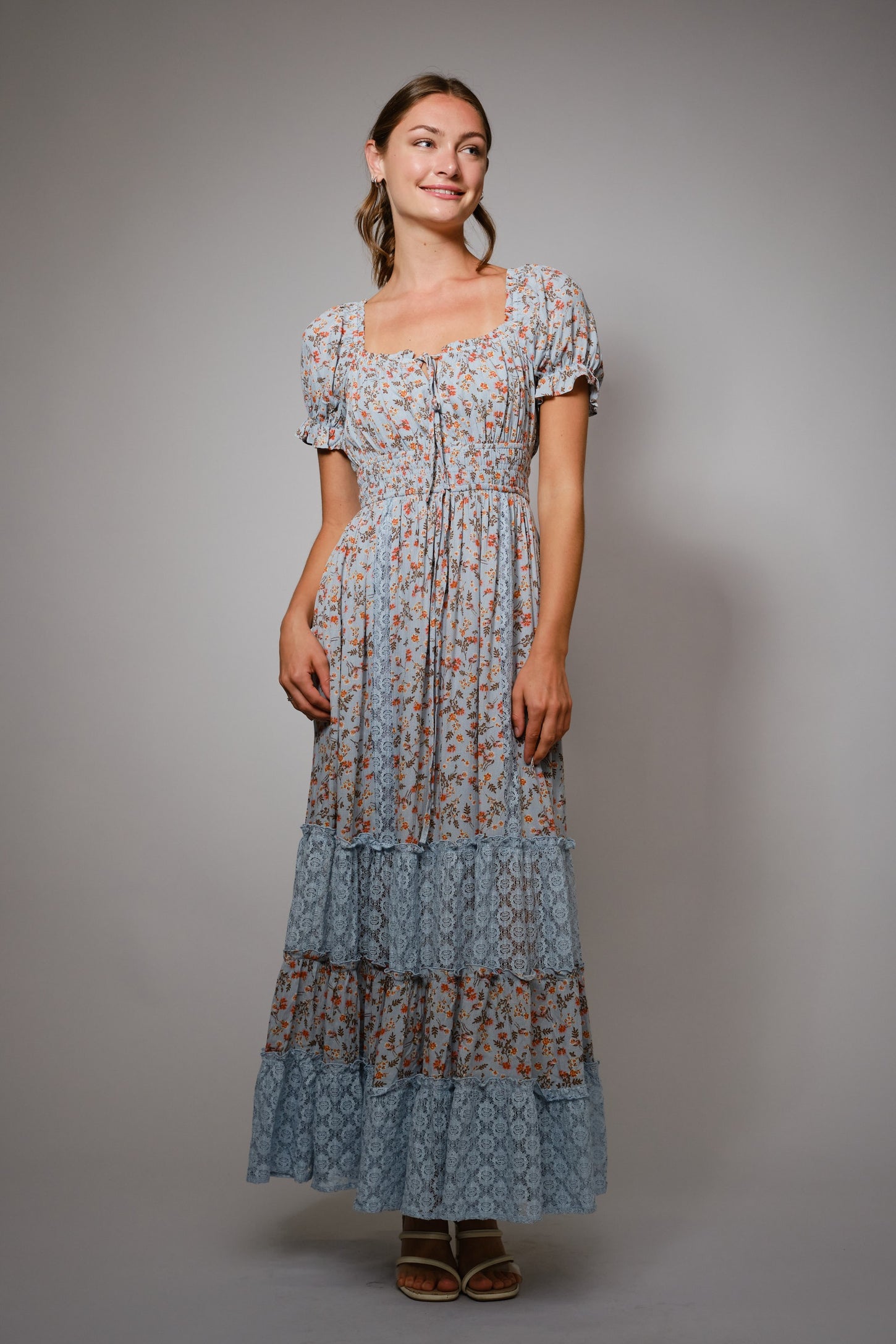 Light Blue Floral Lace Inset Puff Sleeve Maxi Dress