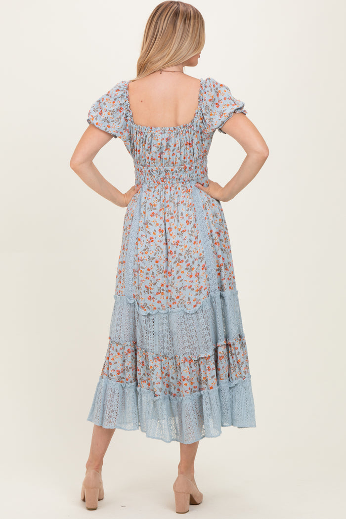 Light Blue Floral Lace Inset Puff Sleeve Maxi Dress