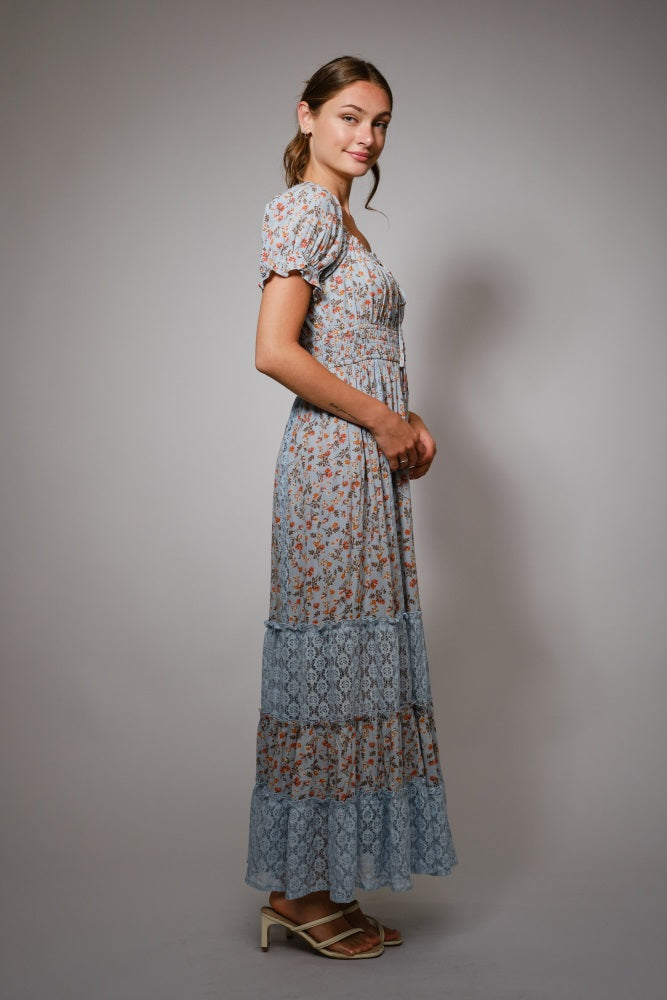 Light Blue Floral Lace Inset Puff Sleeve Maxi Dress