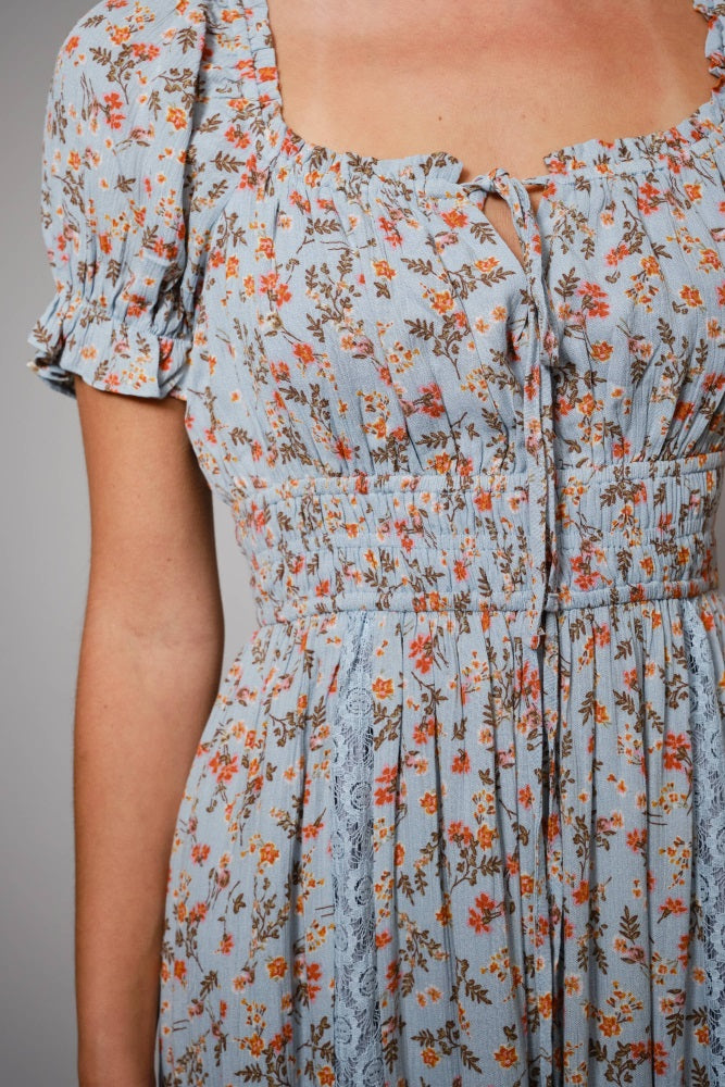 Light Blue Floral Lace Inset Puff Sleeve Maxi Dress