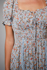 Light Blue Floral Lace Inset Puff Sleeve Maxi Dress