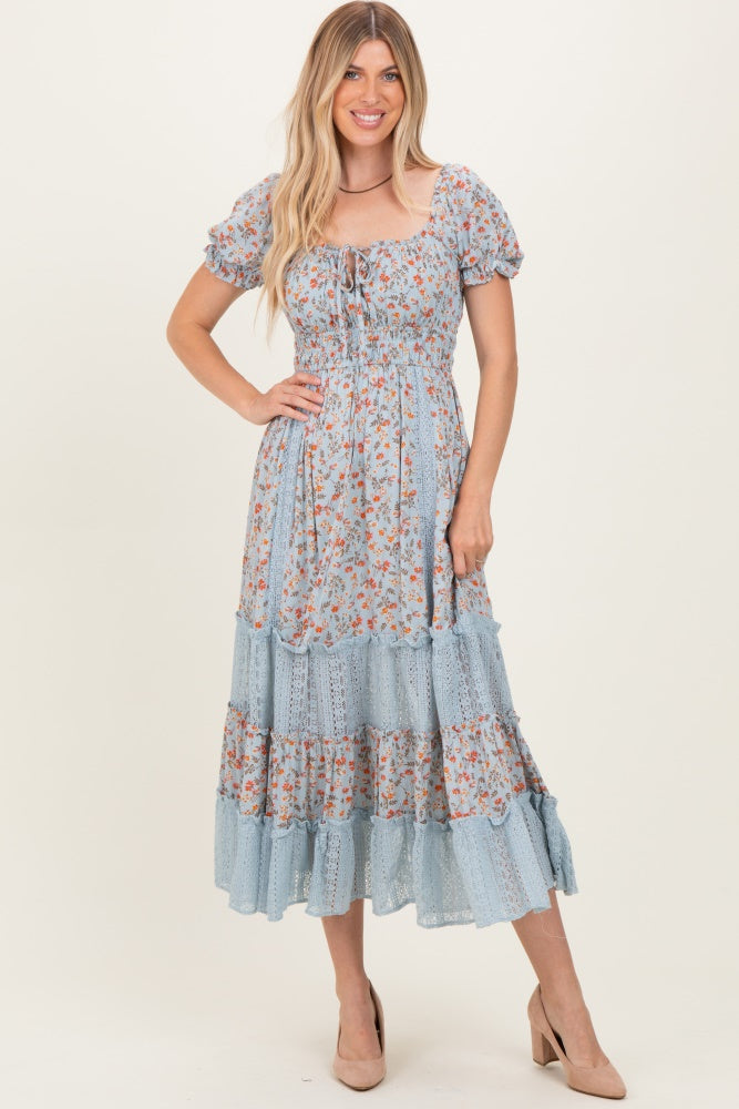 Light Blue Floral Lace Inset Puff Sleeve Maxi Dress