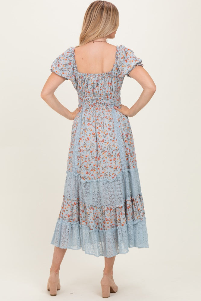 Light Blue Floral Lace Inset Puff Sleeve Maxi Dress