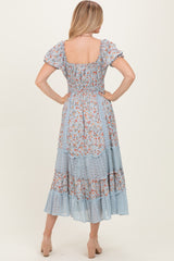 Light Blue Floral Lace Inset Puff Sleeve Maxi Dress