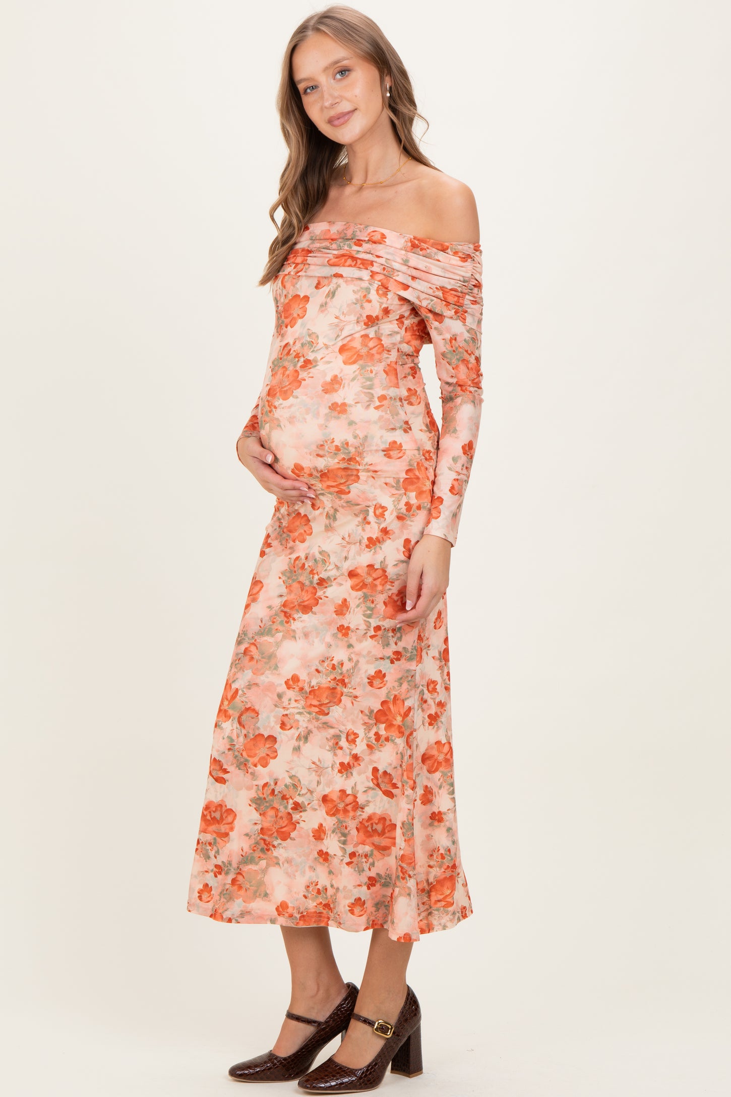 Light Pink Rose Floral Off Shoulder Maternity Maxi Dress