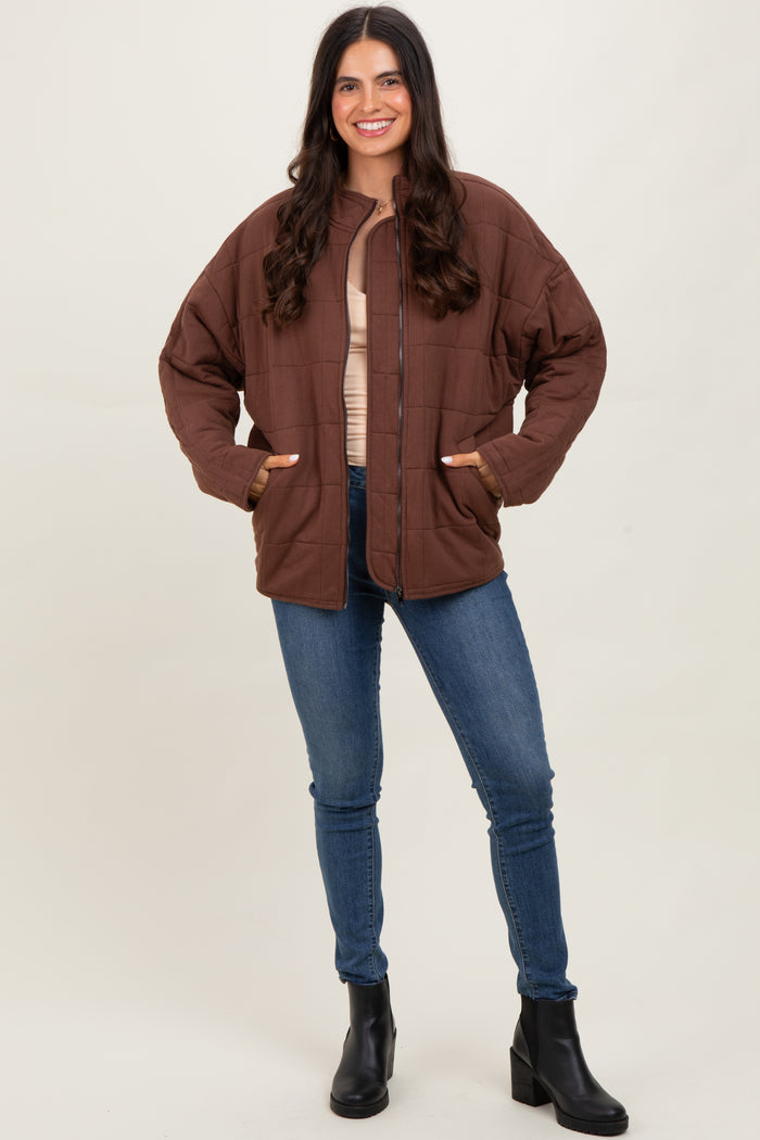 Brown Quilted Oversized Maternity Jacket