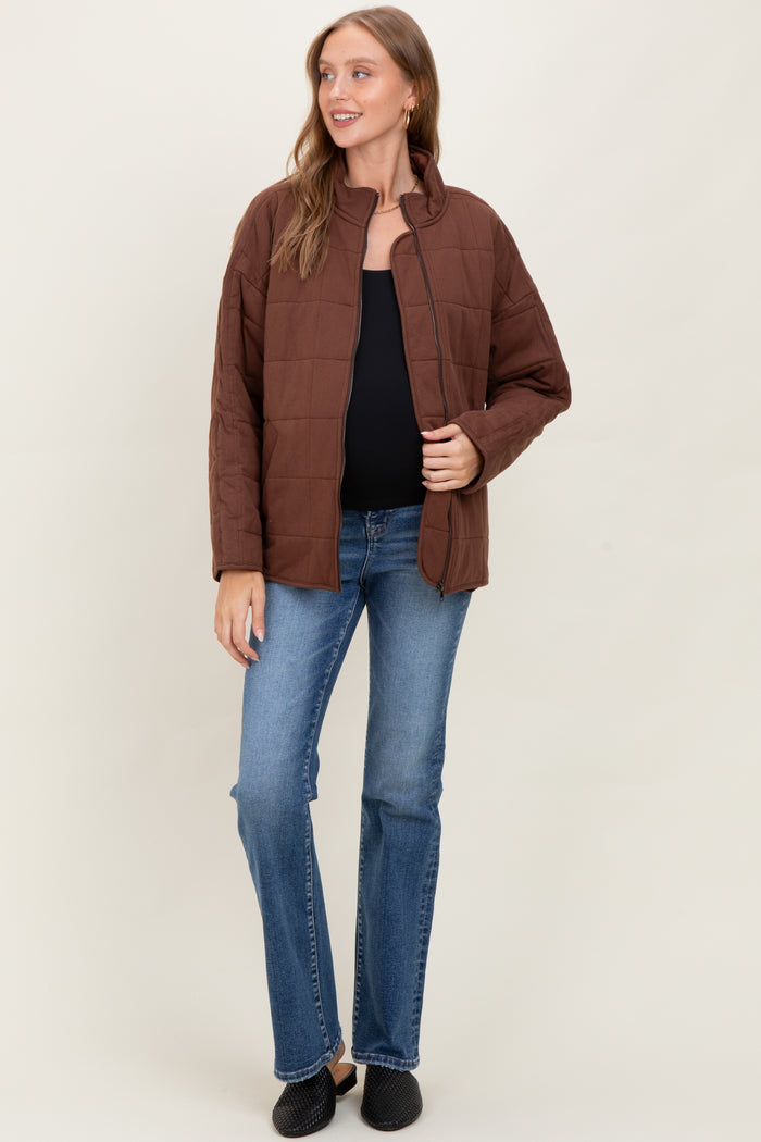 Brown Quilted Oversized Maternity Jacket