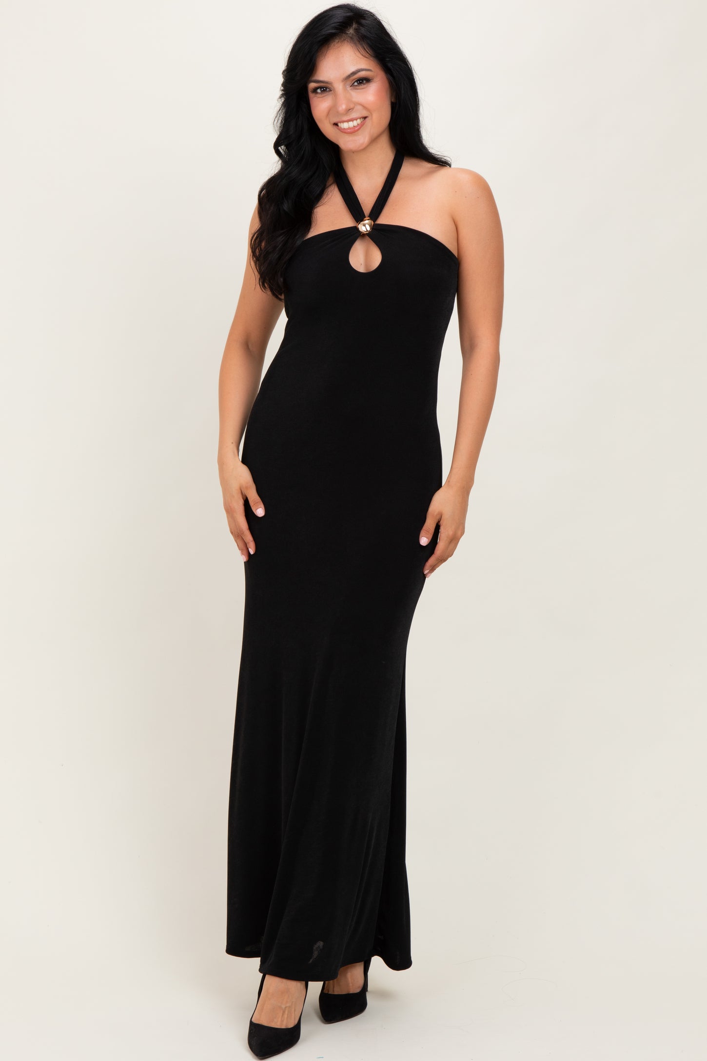 Black Halter Pendant Maternity Maxi Dress