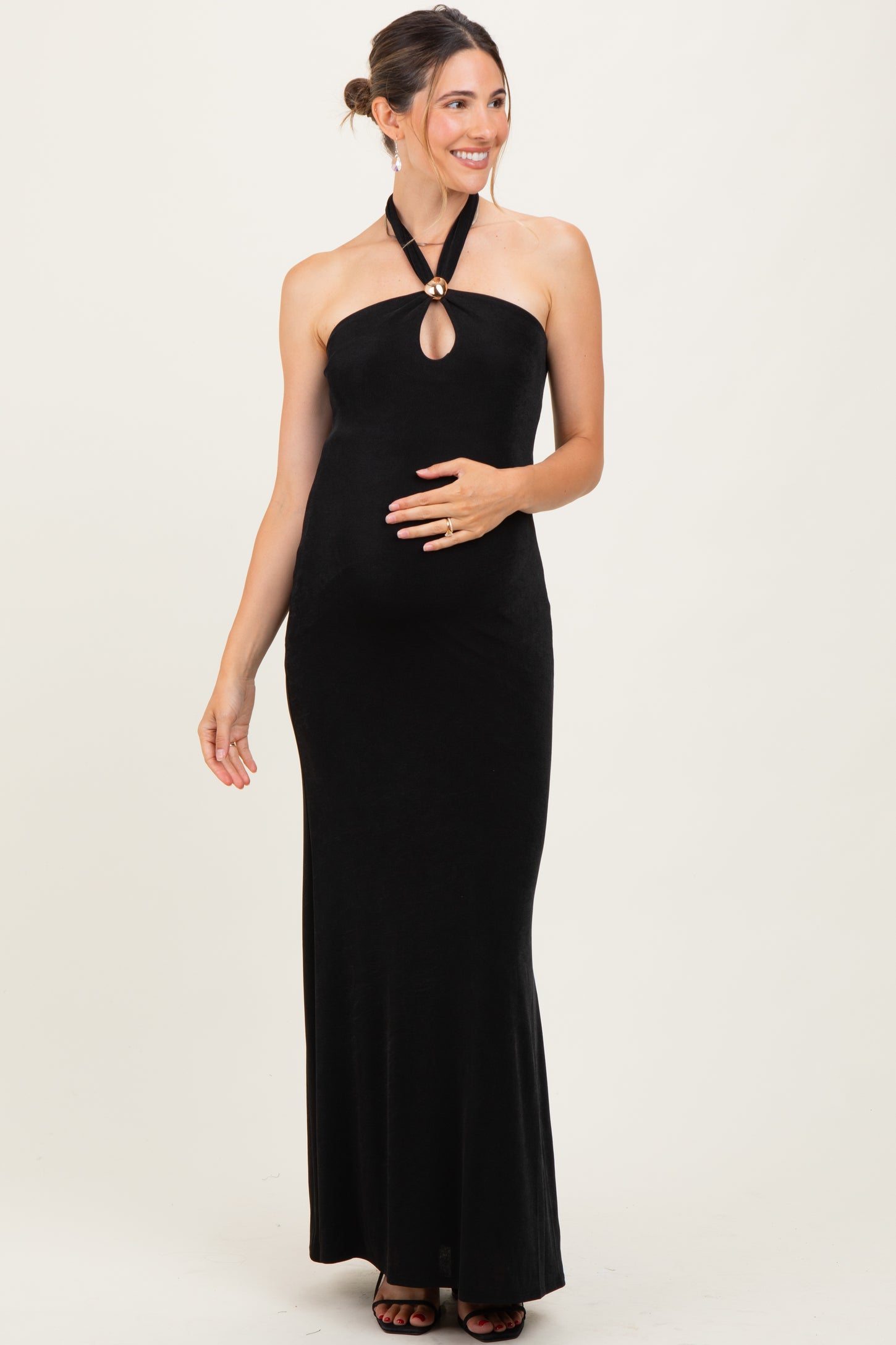 Black Halter Pendant Maternity Maxi Dress