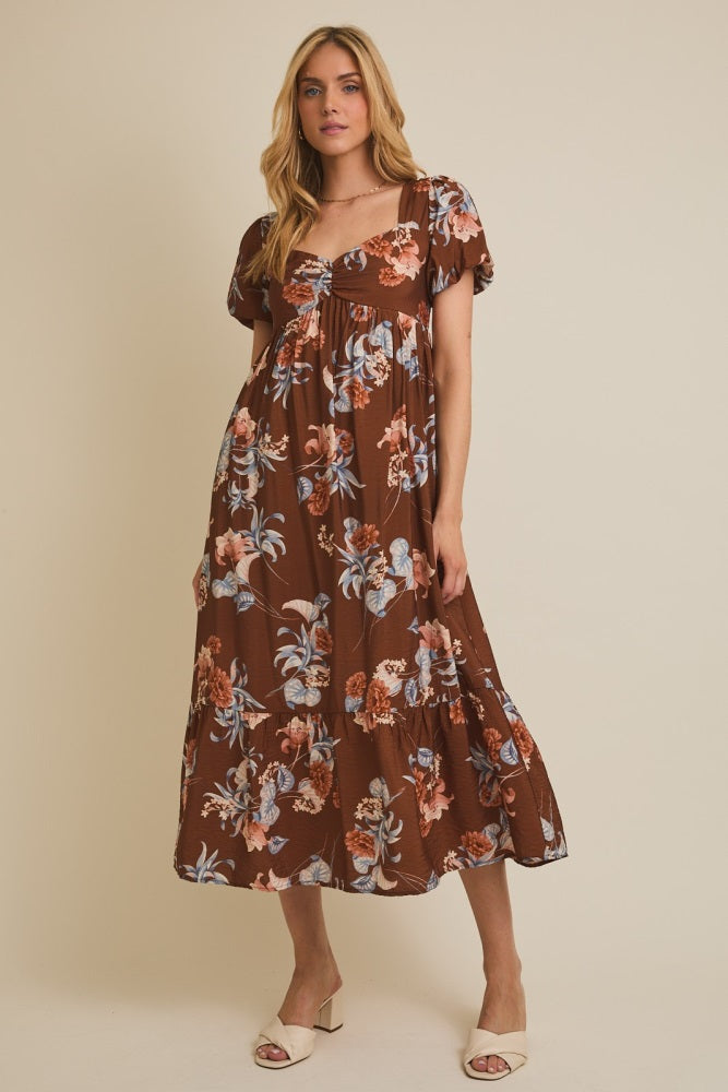 Brown Floral Sweetheart Puff Sleeve Midi Dress