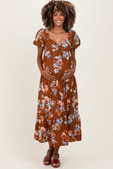 Brown Floral Sweetheart Puff Sleeve Maternity Midi Dress