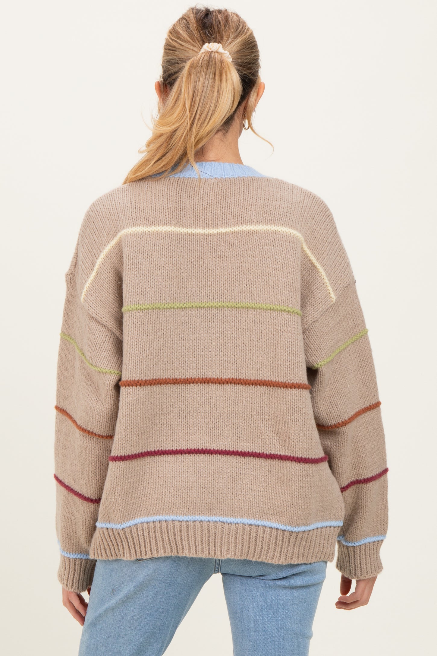 Beige Multicolor Stripe Chunky Knit Maternity Cardigan