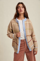 Beige Multicolor Stripe Chunky Knit Cardigan