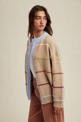 Beige Multicolor Stripe Chunky Knit Cardigan