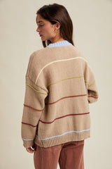 Beige Multicolor Stripe Chunky Knit Cardigan