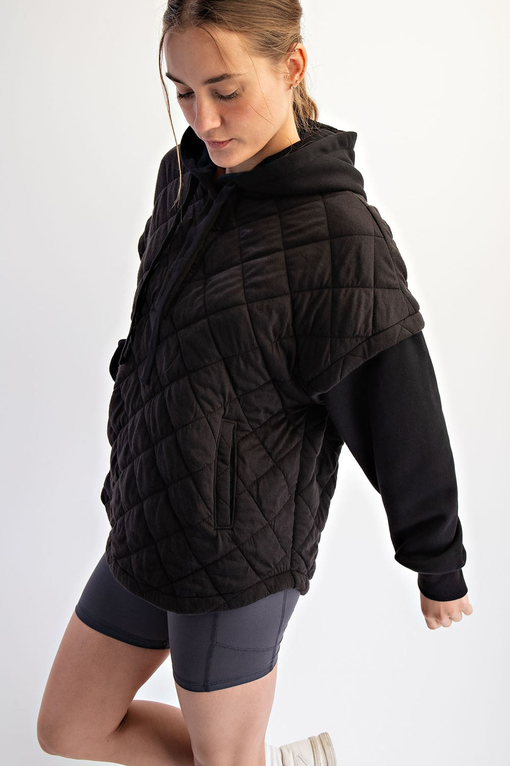 Black Quilted Contrast Button Hoodie