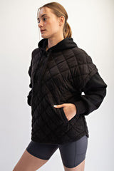 Black Quilted Contrast Button Hoodie